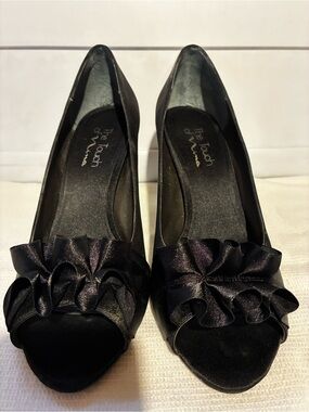 Touch of Nina Black Satin Peep-Toe 3 Inch Heels with Ruffle Bow